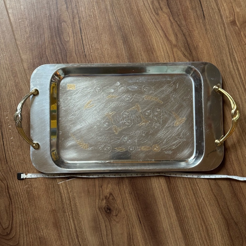 Vintage Stainless Serving Tray gold plated Inox Made in Italy